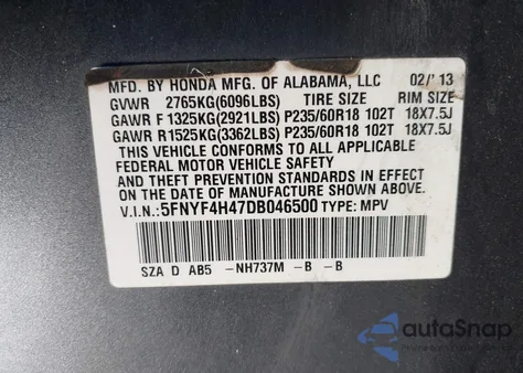 2013 Honda Pilot Ex from USA, damaged, VIN 5FNYF4H47DB046500